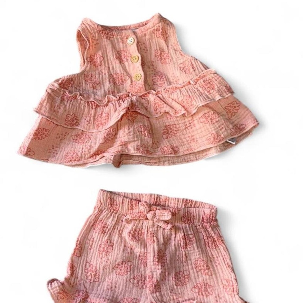 Baby Girls Pink Floral Ruffle Gauze Top & Shorts Set 3-6 Months